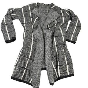 David Kahn Black White Plaid Open Front Knit Cardigan‎ Sweater Womens L